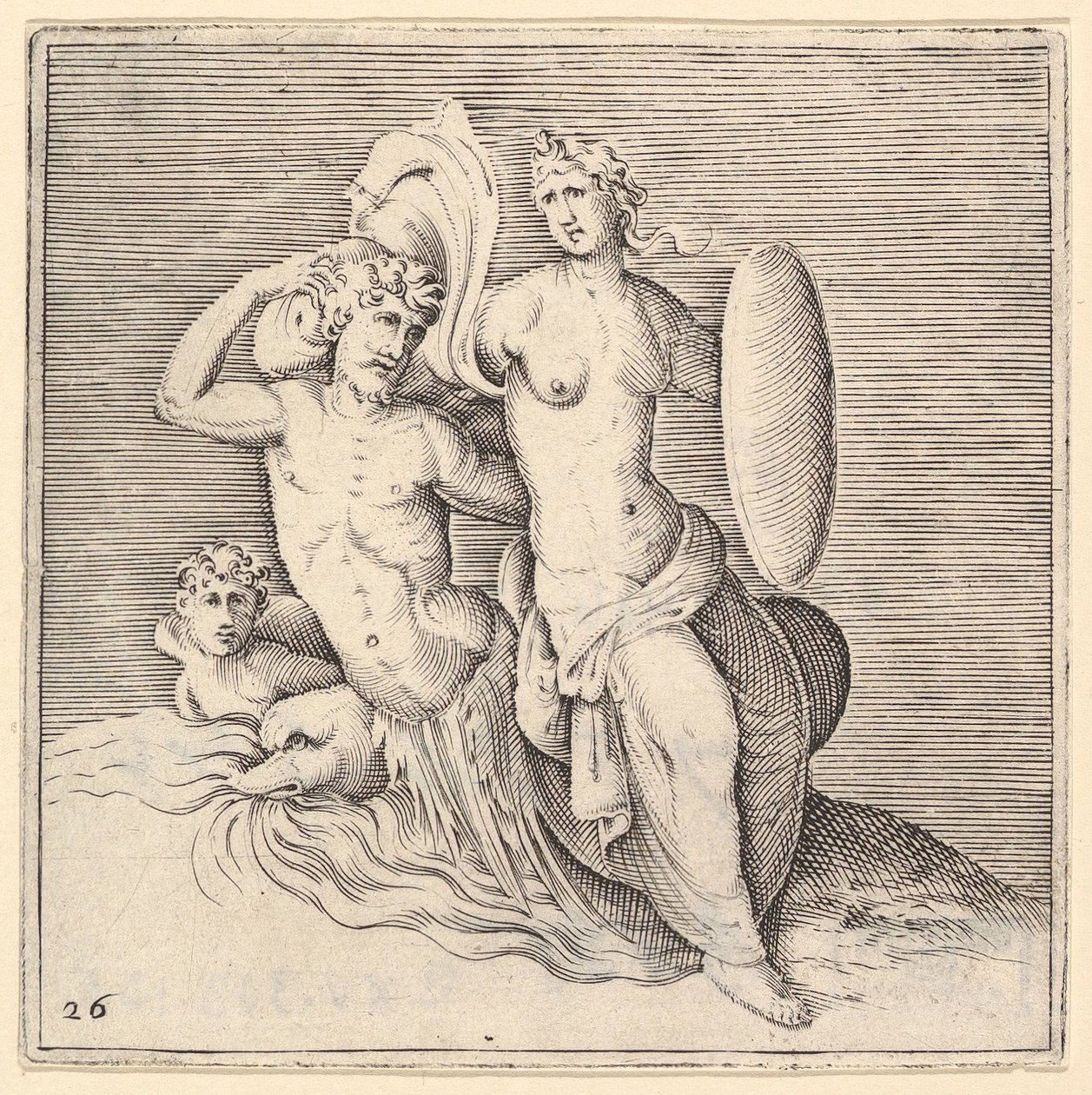 Woman with Shield Seated on Seamonster, publisert ca. 1599-1622. av Unbekannt