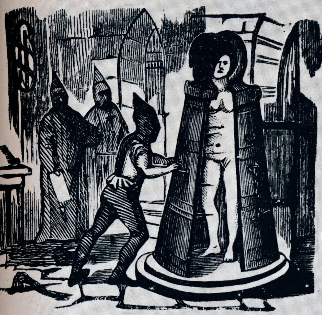 Tresnitt som viser Geuders Iron Maiden i et torturkammer, c1870 av Unbekannt