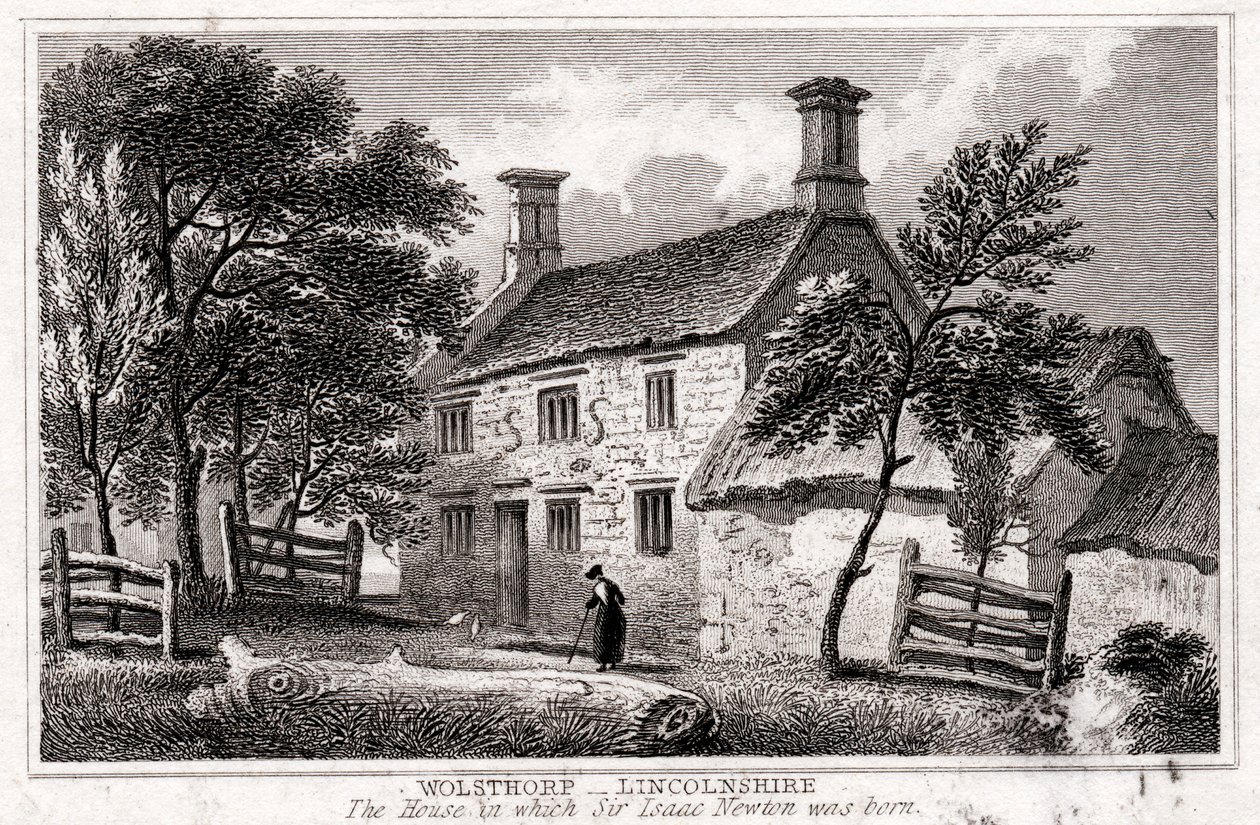 Woolsthorpe Manor, nær Grantham, Lincolnshire, fødestedet til Sir Isaac Newton, tidlig på 1800-tallet av Unbekannt