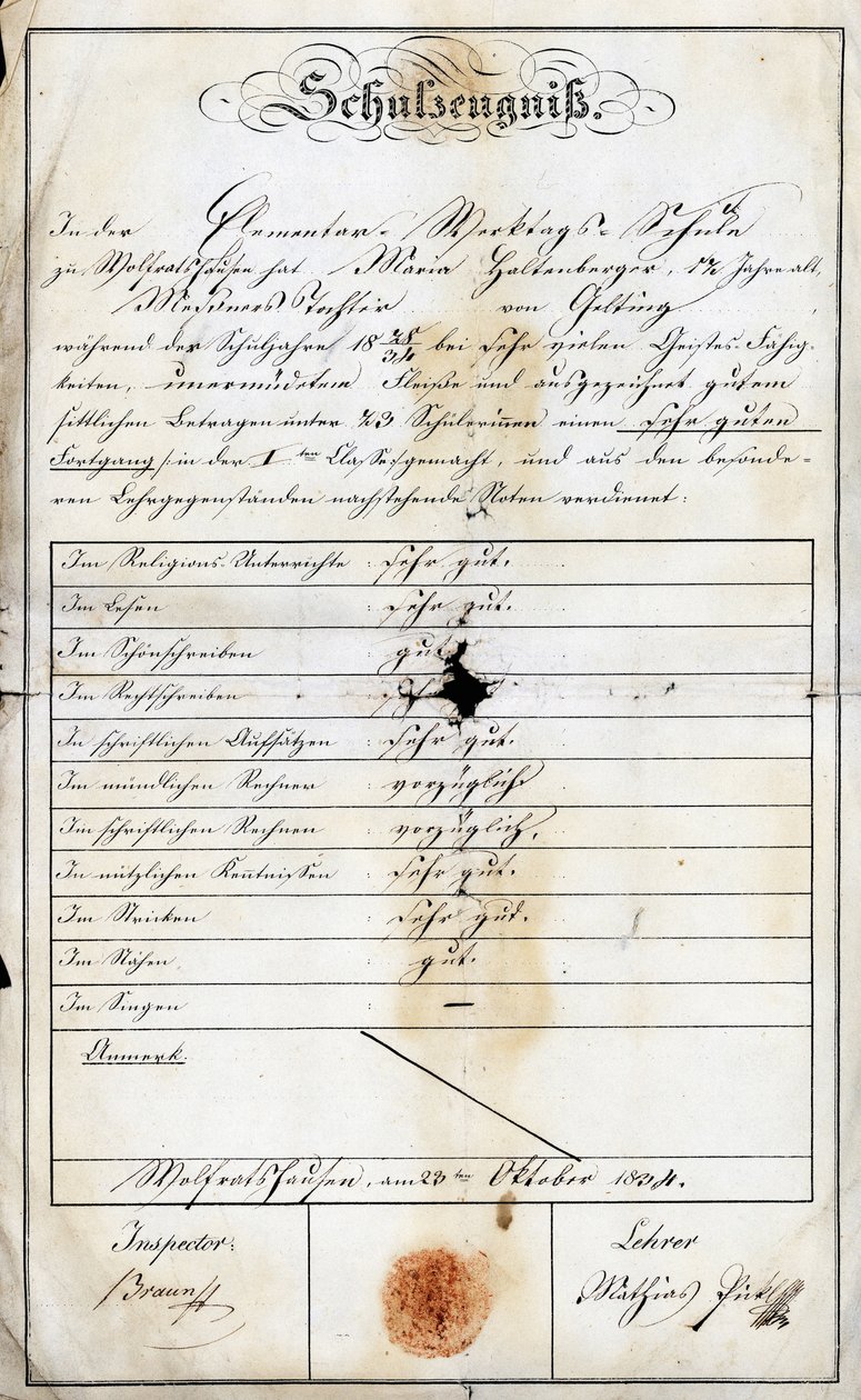 Årsavslutning skolerapport for barneskolen på søndag av en elev (Monika Haltenberger, datter av sakristinen), fra en barneskole datert 24. september 1840, Academie de Geretsried, Haute Baviere i Tyskland, Europa av Unbekannt