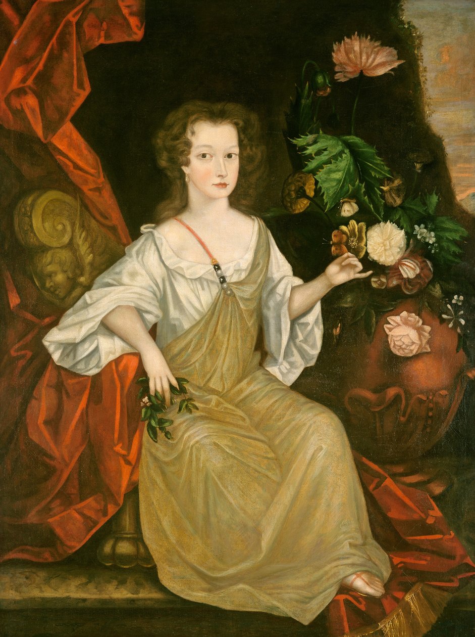 Ung kvinne med en sommerfugl, ca. 1710. av Unbekannt