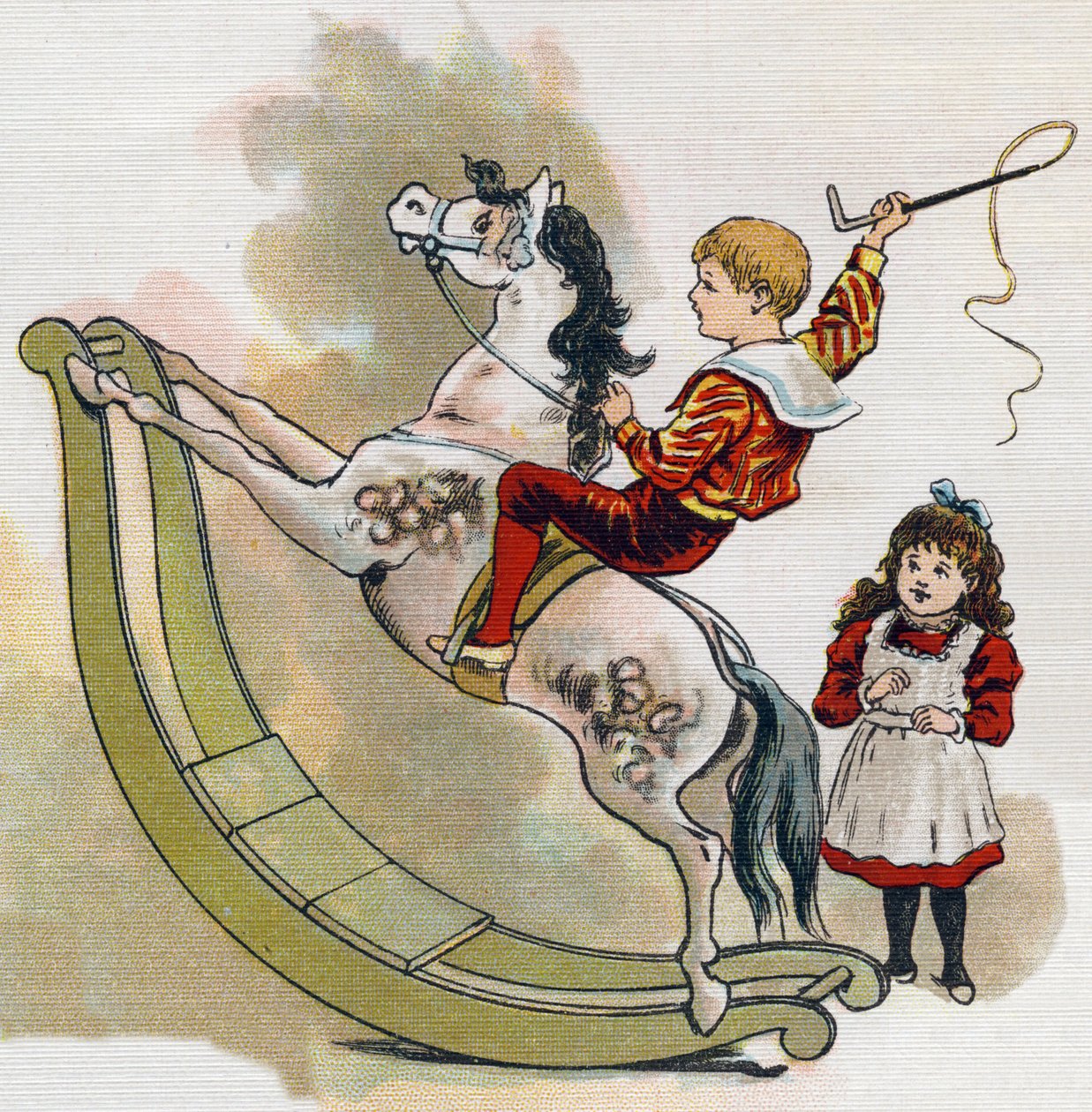 Ung gutt på en gyngehest med en pisk. Gravering i "ABC L'alphabet des bebes". Ubrytelig volum på lerret i kromolitografi. A. Capendu, redaktør, Paris. Tidlig på 1900-tallet, rundt 1905. Bilder av engelsk opprinnelse, ledsaget av ord på fransk av Unbekannt