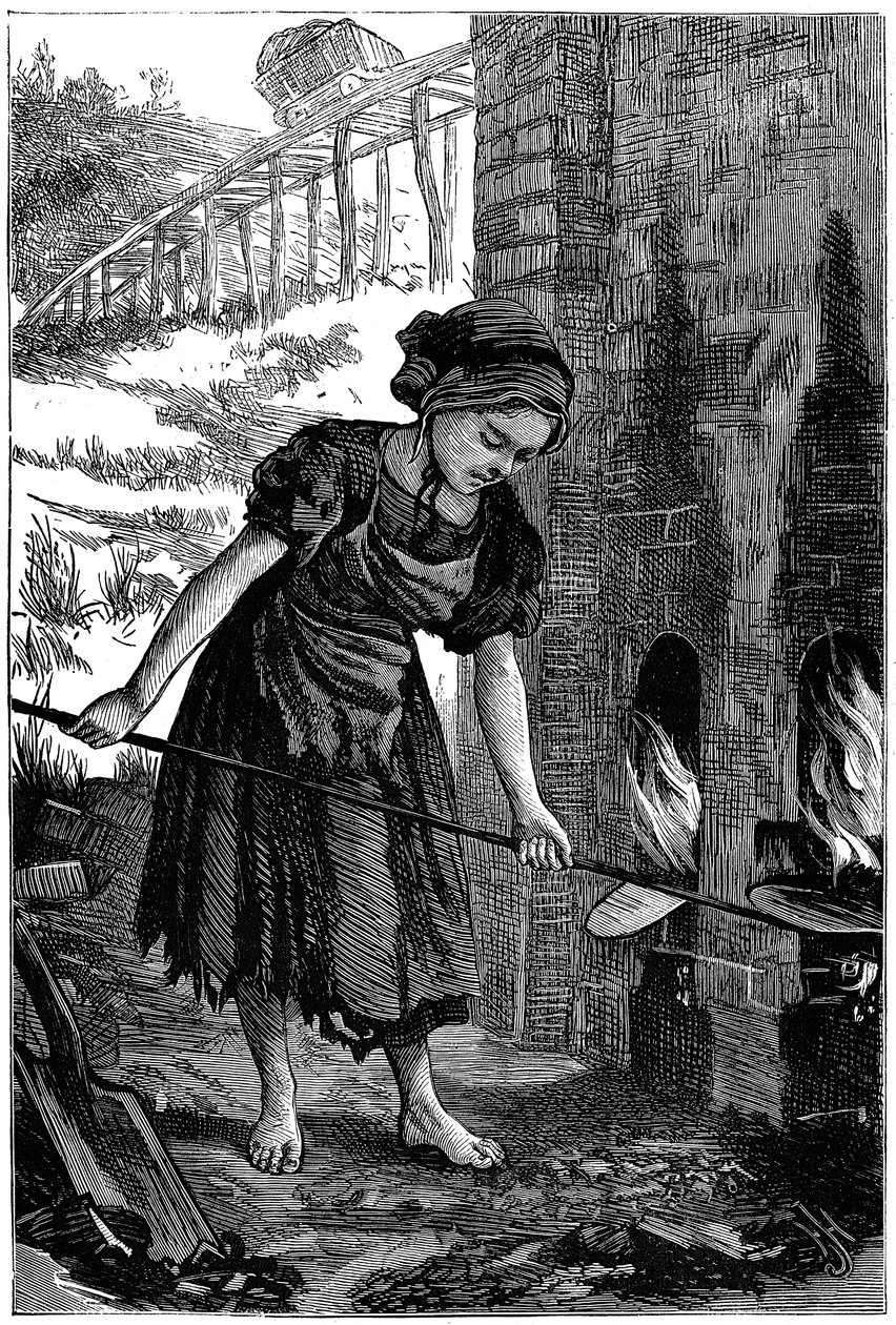 Ung jente passet brannhullene i en murovn, 1871 av Unbekannt