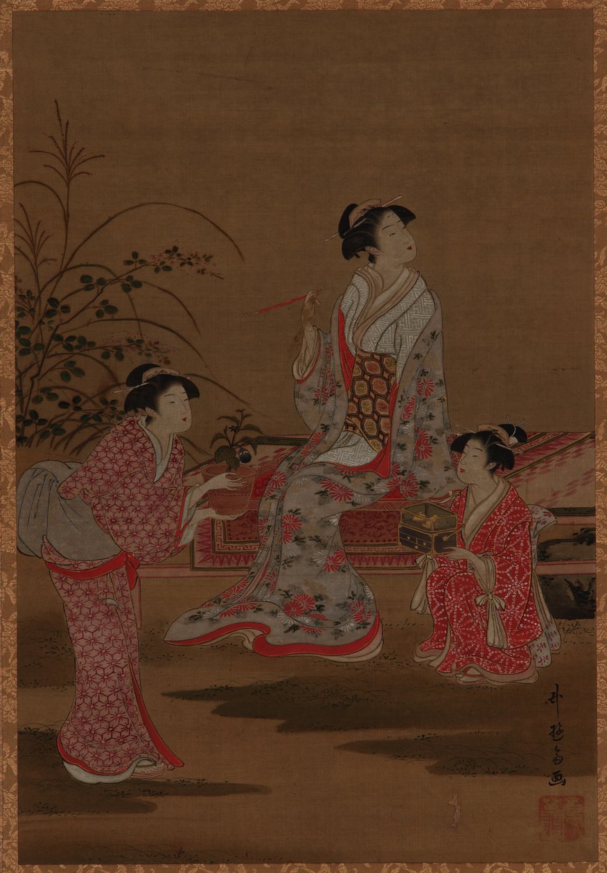 Ung kvinne, med to jenter, sittende i en hage, Edo-perioden, 1615-1868. av Unbekannt