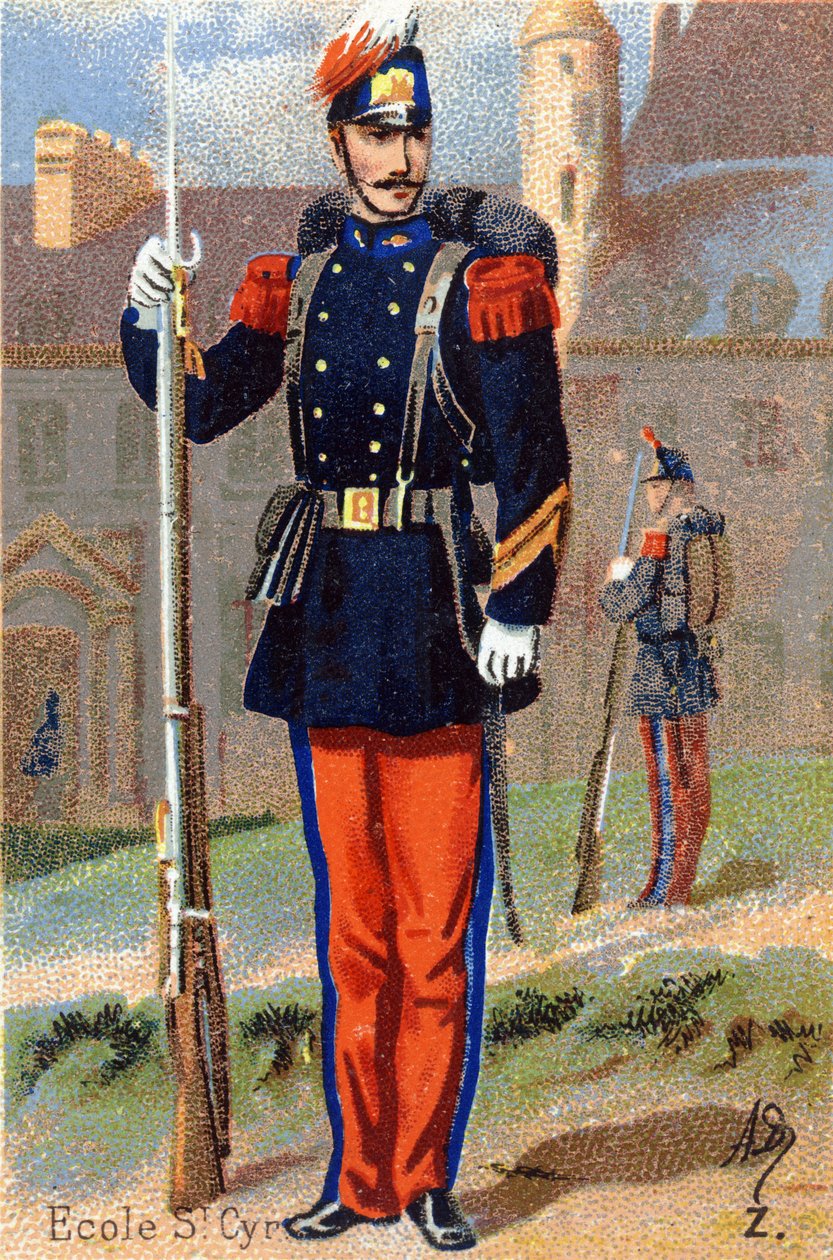 Z: School of Saint Cyr. Gravering i "Militæralfabetet" . Illustratorens initialer: A. D. Ukjent utgiver. Kromolitografier sent på 1800-tallet. Mål: 10,5x7 cm. av Unbekannt