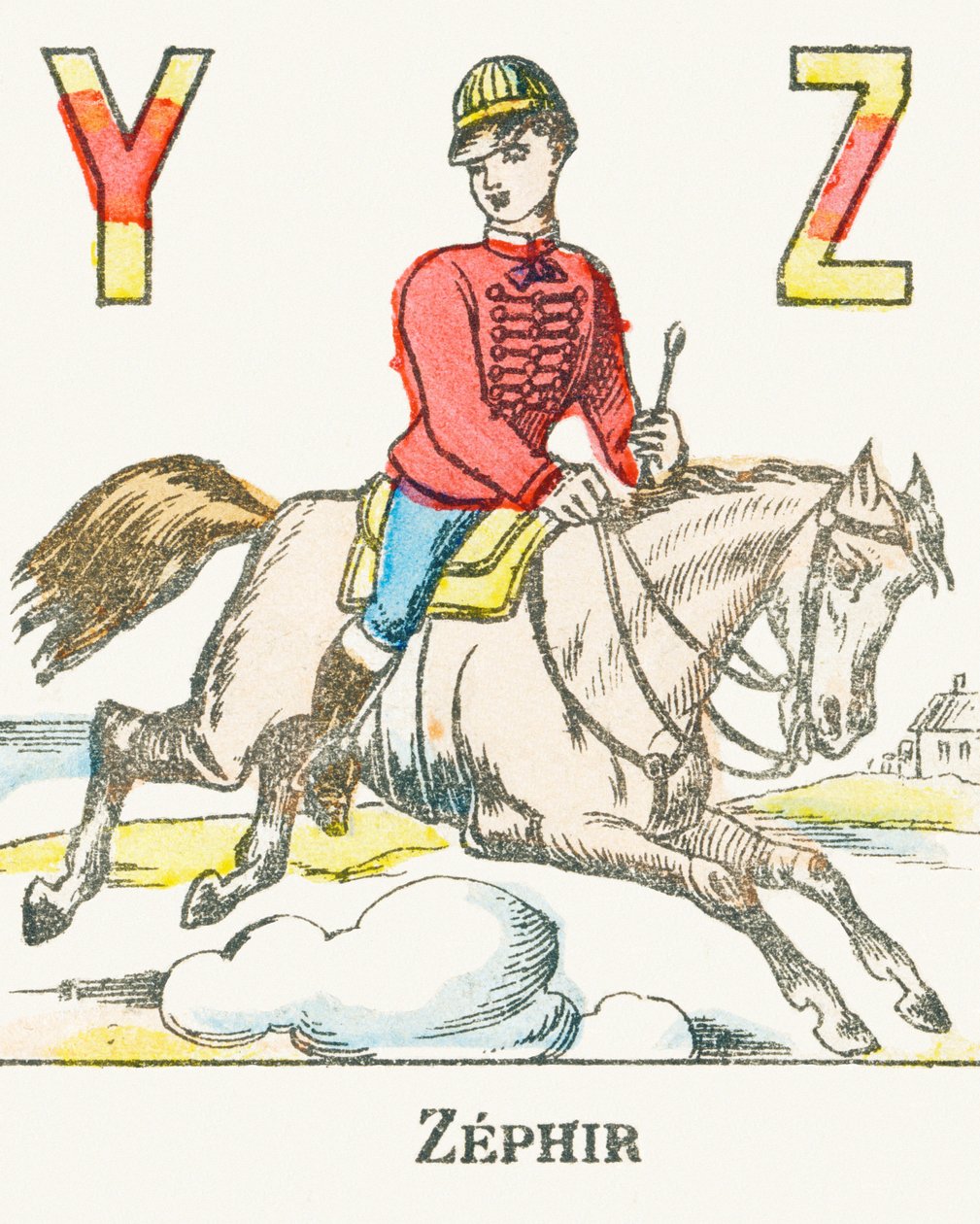 Z : Zephir, en rytter som galopperer på hesten sin ved navn Zephyr - Games Alphabet, ca. 1890 (gravering) av Unbekannt