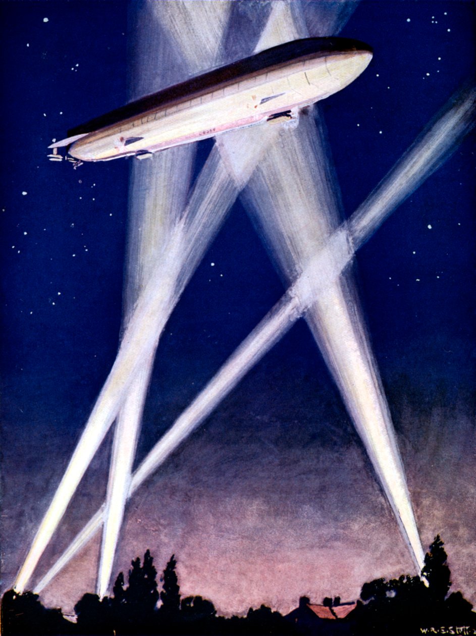 Zeppelin-luftskip fanget i søkelys under et bombeangrep over England, 1916 av Unbekannt