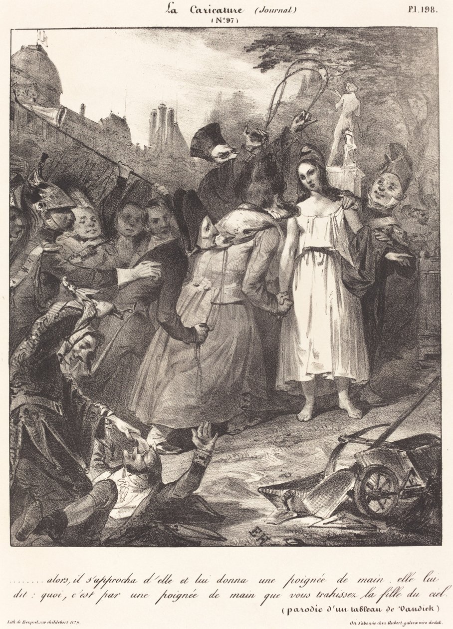 ...så henvendte han seg til henne: Parodi på van Dycks svik mot Kristus, 1832. av Unbekannt