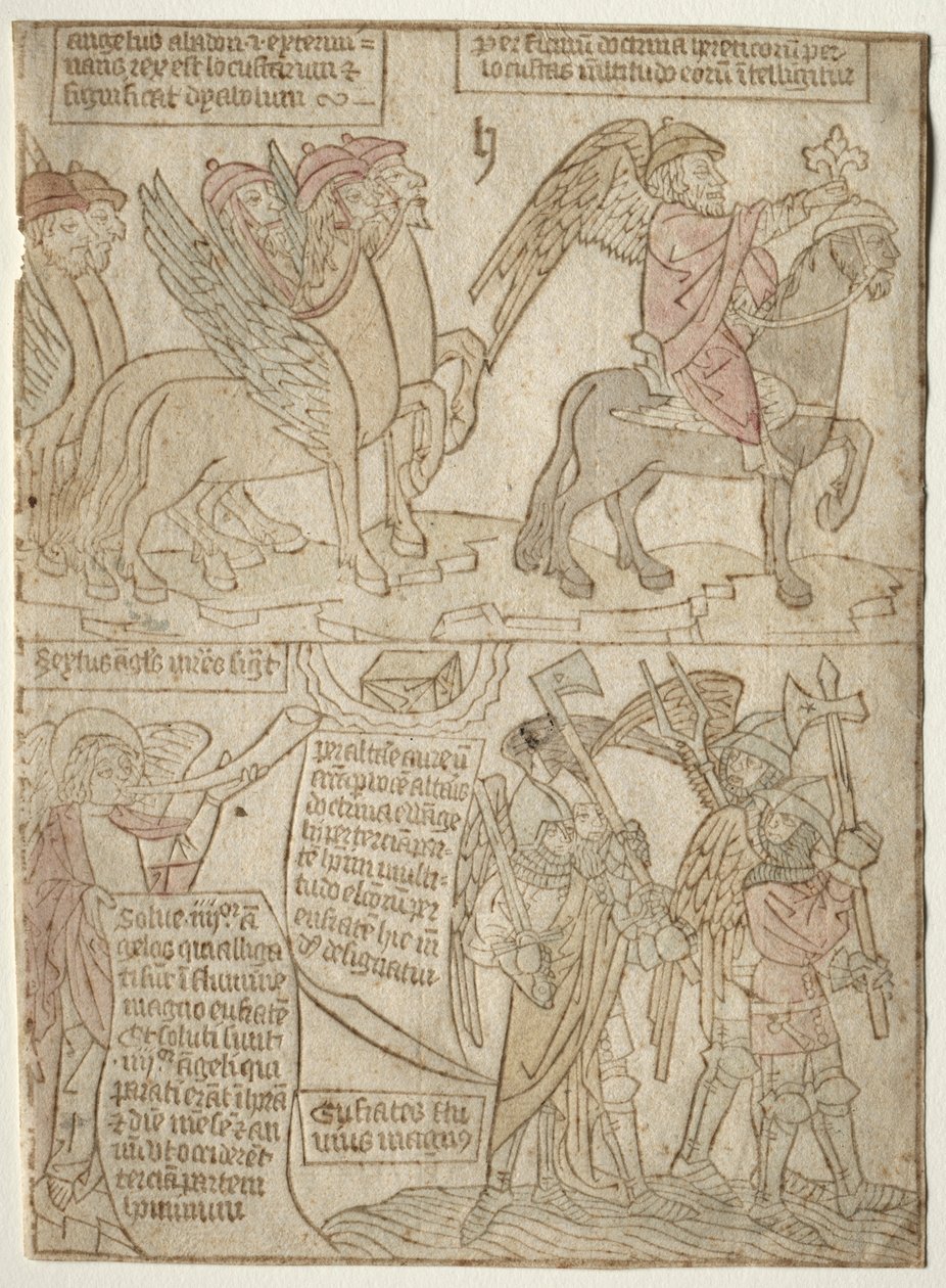 side fra Apocalypse The Locusts with the Angel of the Abyss and The Sixth Trumpet, 1400-tallet. av Unbekannt