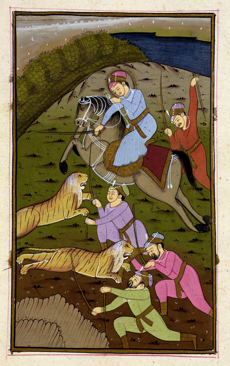 Akbar på tigerjakt fra Akbarnama, Mughal, ca. 1590, (illustrert tekst) av Unbekannt Unbekannt
