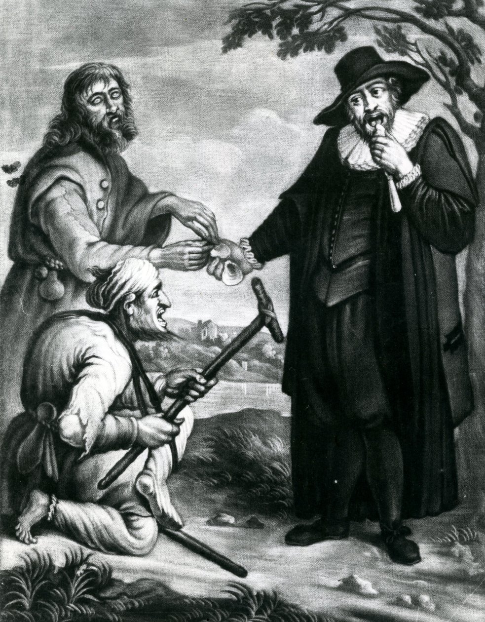 Blind saksøker, halt saksøkte andel, De vennlige lovene upartisk omsorg, Et skall for ham et skall for deg, Midten i advokathonoraret ca. 1700-40 (mezzotint) av Unbekannt Unbekannt
