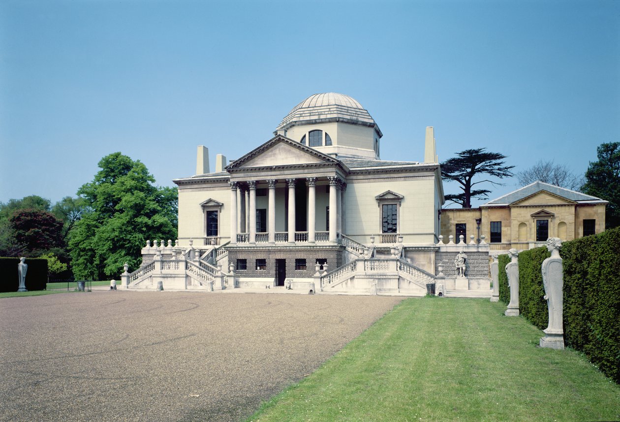 Utvendig utsikt over østfronten av Chiswick House, London, (1725-29), bygget av Lord Burlington, 3. jarl av (Richard Boyle) (1694-1753) av Unbekannt Unbekannt