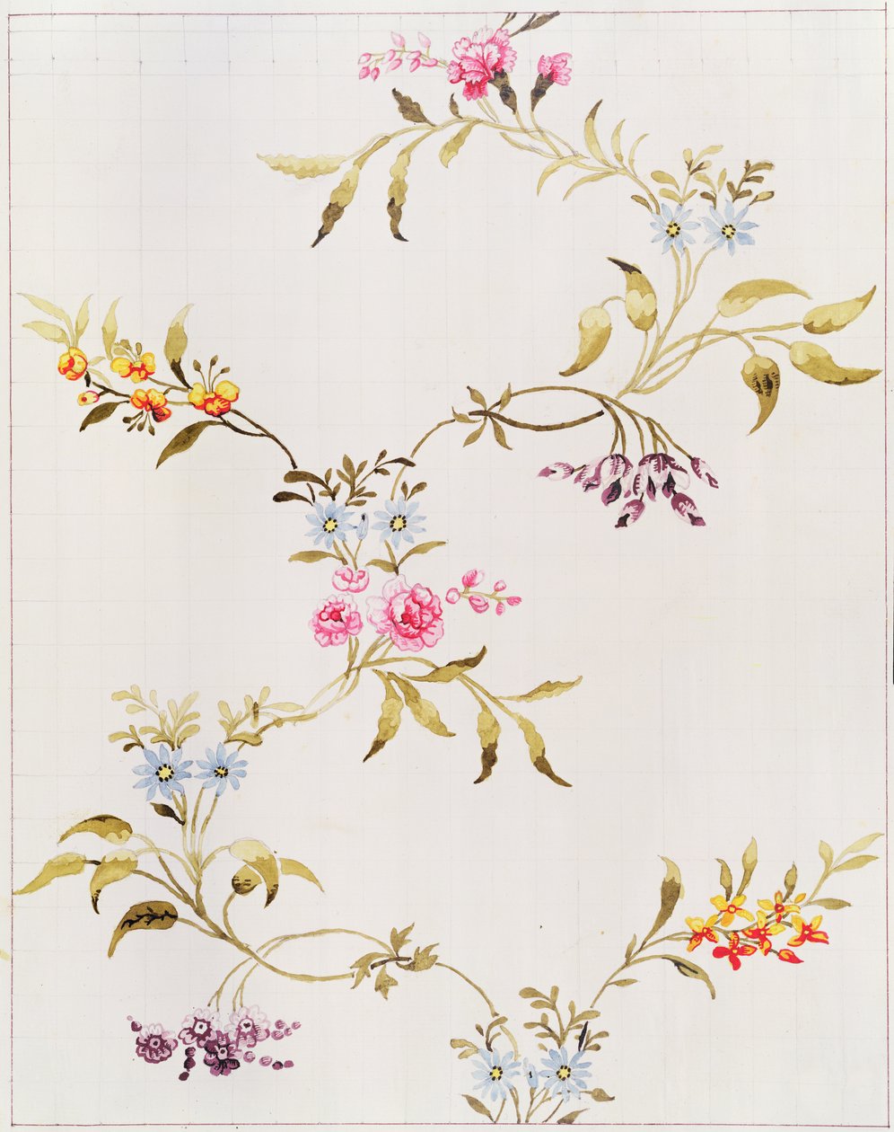 Blomsterdesign av nelliker og roser for et silkemateriale som skal veves på Spitalfields, av Anna Maria Garthwaite (1690-1763), 1744 (wc på papir, kvadratisk for overføring) av Unbekannt Unbekannt
