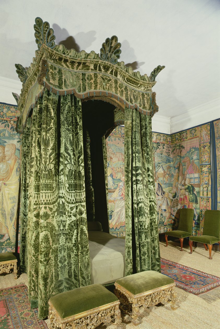 Interiør i Hardwick Hall, Derbyshire, som viser Green Bed-Chamber med originale møbler og oppheng fra 1500-tallet (H8044) av Unbekannt Unbekannt