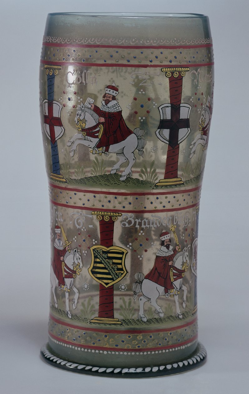 Kurfuersten Hupen (tysk valgglass) emaljert med scener av keiser og syv valgmenn som rir på hvite hester, Bohemian, 1625 av Unbekannt Unbekannt
