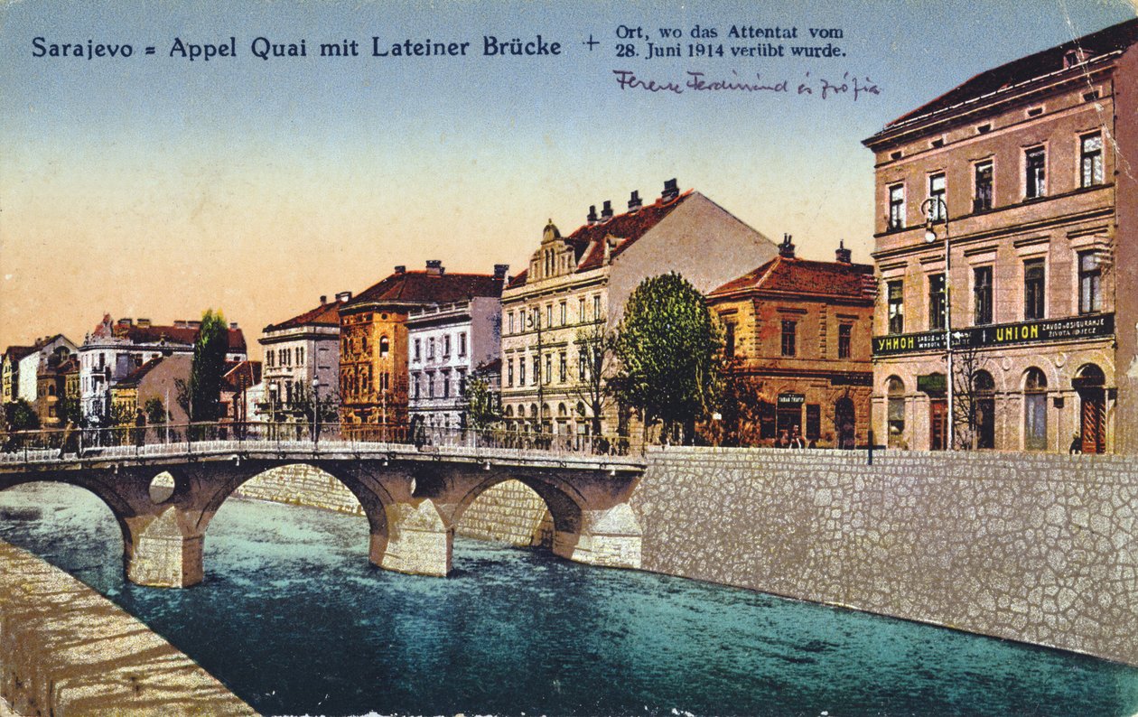 Postkort som viser Sarajevo, Appel-kaien og Lateiner-broen, stedet for attentatet på erkehertug Franz-Ferdinand og hans kone Sophie 28. juni 1914, ca. 1920 av Unbekannt Unbekannt