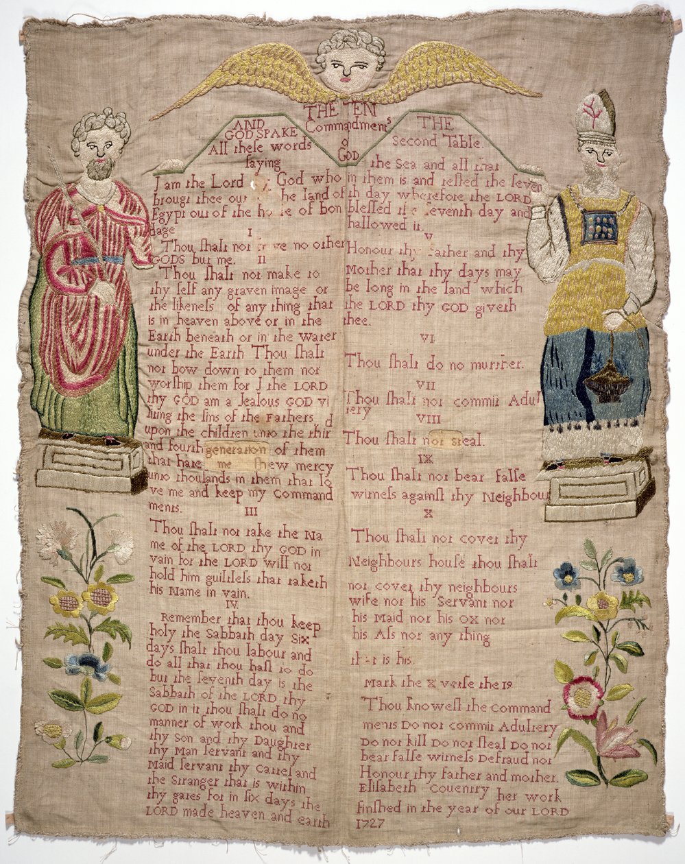 Sampler, som viser de ti bud, av Elizabeth Coventry, engelsk, 1727 (farget silke på lin) av Unbekannt Unbekannt