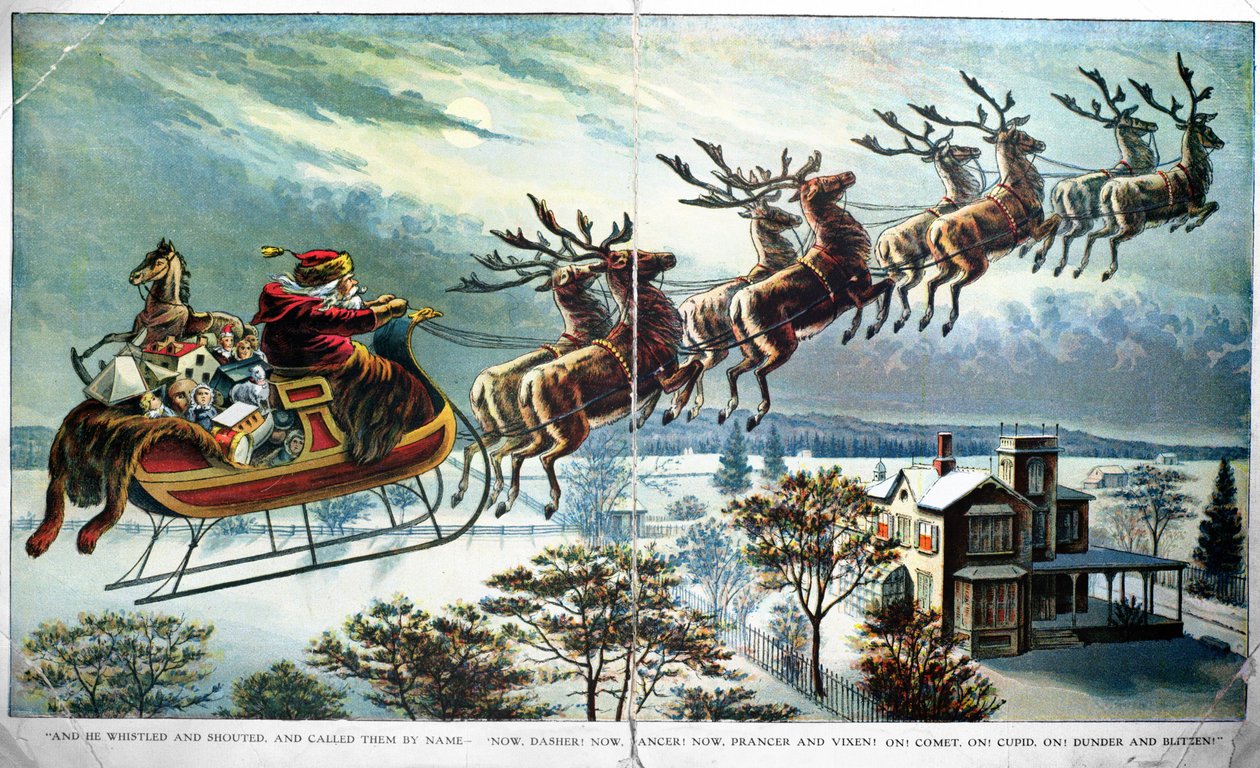 Julenissens første utflukt med slede og reinsdyr, illustrasjon for A Visit from St. Nicholas, av Clement Clarke Moore (1779-1863) 1890-tallet av Unbekannt Unbekannt