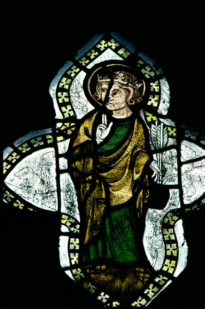 St.Edmund, kronet og nappet, bærende pilene til hans martyrium, glassmalerier fra 1300-tallet av Unbekannt Unbekannt