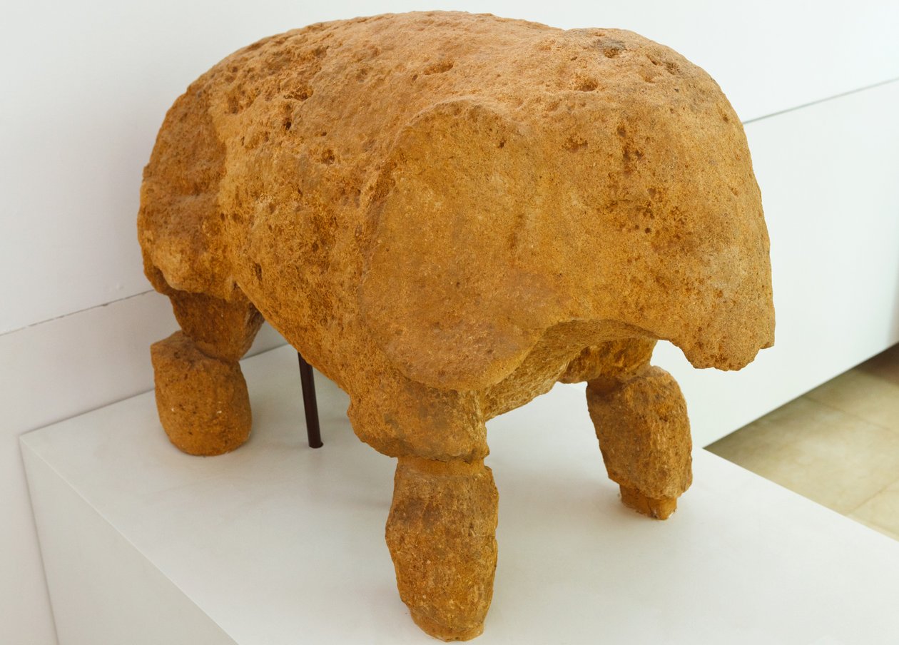 Det arkeologiske komplekset, Carmona, Sevilla-provinsen, Spania. Skulptur i museet av en elefant funnet i elefantgraven i den romerske nekropolis. av Unbekannt Unbekannt
