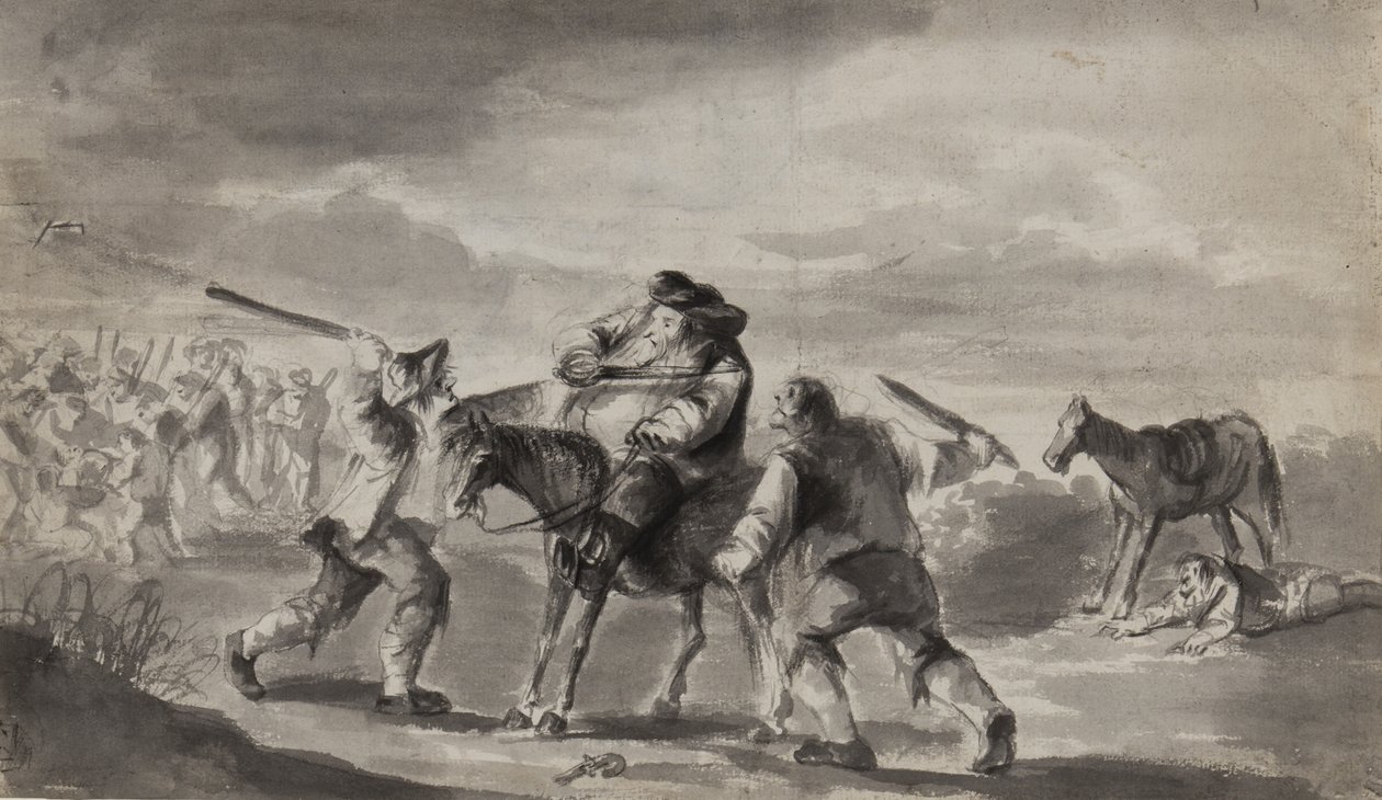 Reisende overfalt, muligens Samuel Butlers Hudibras, ca. 1790 (penn, pensel og blekk på papir) av Unbekannt Unbekannt