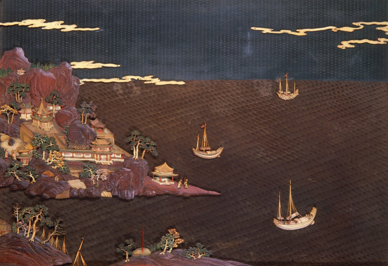 Skuff med marin scene hentet fra et moderne trykk, bleiearbeid, ca. 1785 (lakk) av Unbekannt Unbekannt