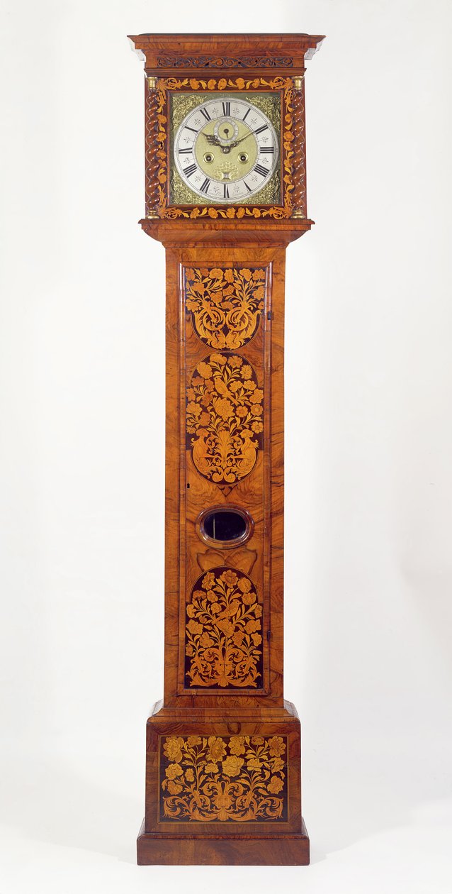 Valnøttpanel, intarsia med lang urkasse, av James Clowes (fl.1671-89) av Unbekannt Unbekannt