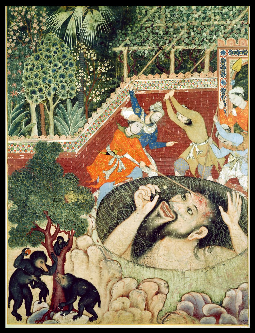 Zumrud Shah faller i en grop og blir slått av gartnere, fra Hamzanama (boken om Hamza), fra India eller Pakistan, ca. 1562-77 (ugjennomsiktig wc på bomull) av Unbekannt Unbekannt