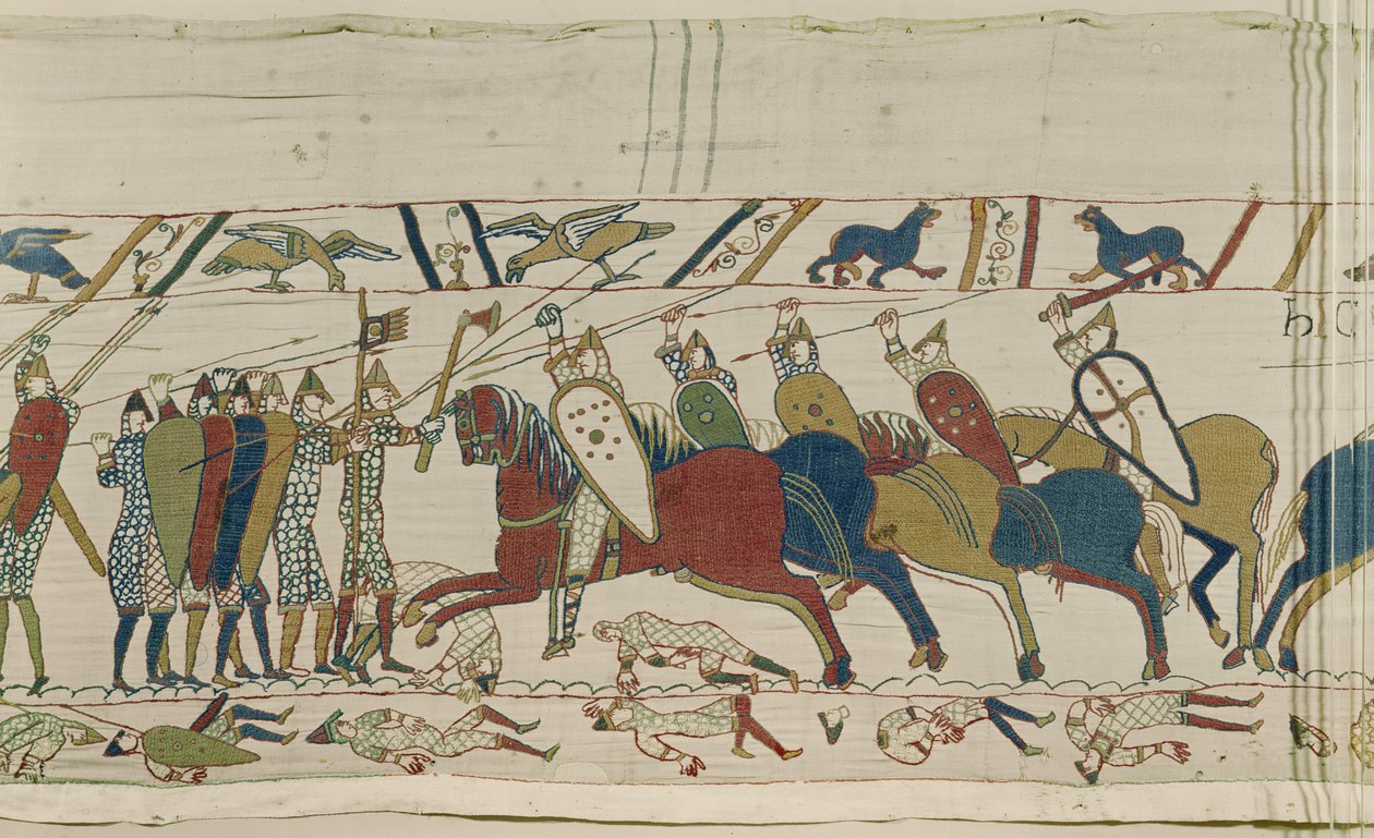 Den engelske skjoldmuren blir angrepet og kampen slås sammen, Bayeux Tapestry av Unbekannt Unbekannt
