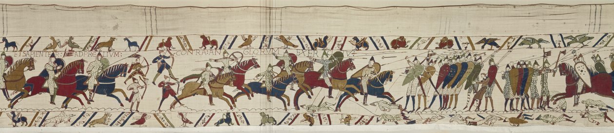 Det normanniske kavaleriet angriper den engelske skjoldmuren og kamp blir sluttet, Bayeux Tapestry av Unbekannt Unbekannt