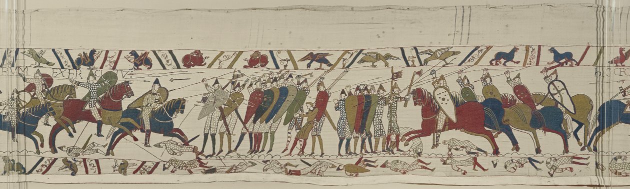 Det normanniske kavaleriet angriper den engelske skjoldmuren og kamp blir sluttet, Bayeux Tapestry av Unbekannt Unbekannt