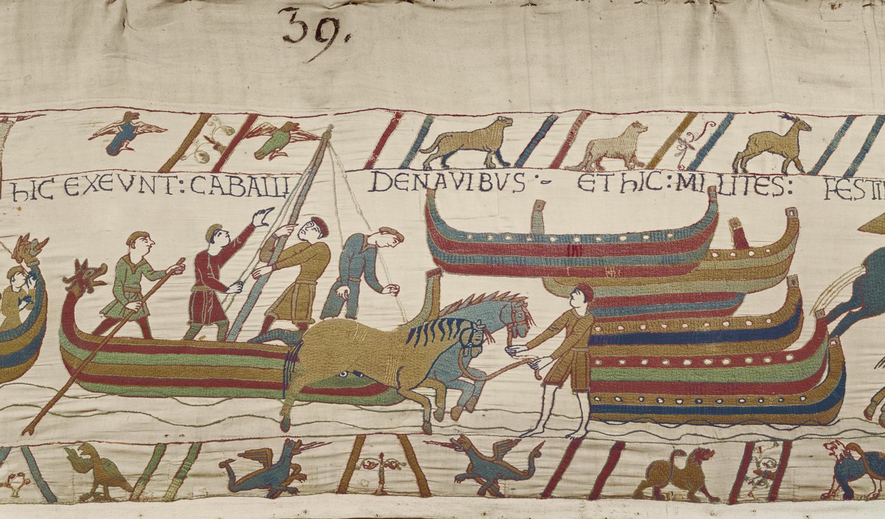 Lossing av hester fra normanniske skip, Bayeux Tapestry av Unbekannt Unbekannt