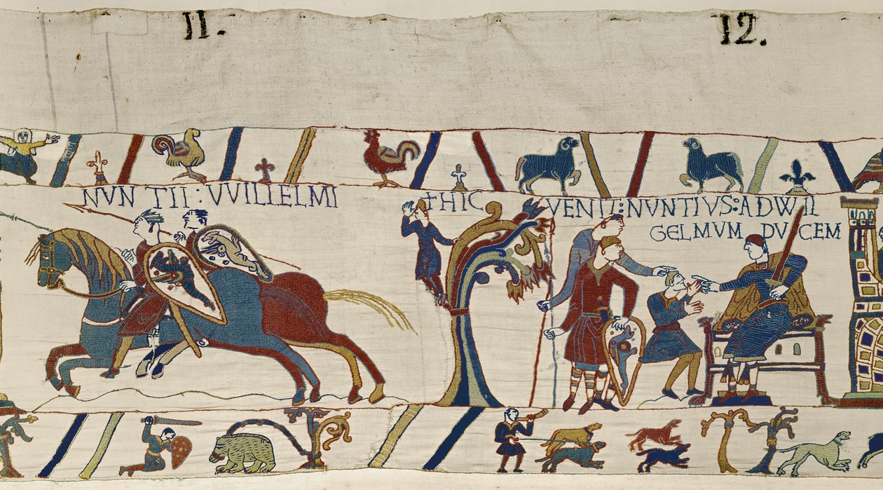 Væpnede ryttere fra hertug William ankommer for å eskortere Harold til ham, Bayeux Tapestry av Unbekannt Unbekannt