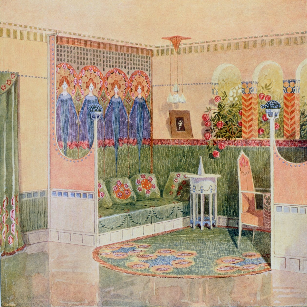 Boudoir, fra en villa i Helsinki designet av arkitektpraksisen Gesellius, Lindgren & Saarinen, fra "Documents d"Art Moderne", 1903 av Unbekannt Unbekannt