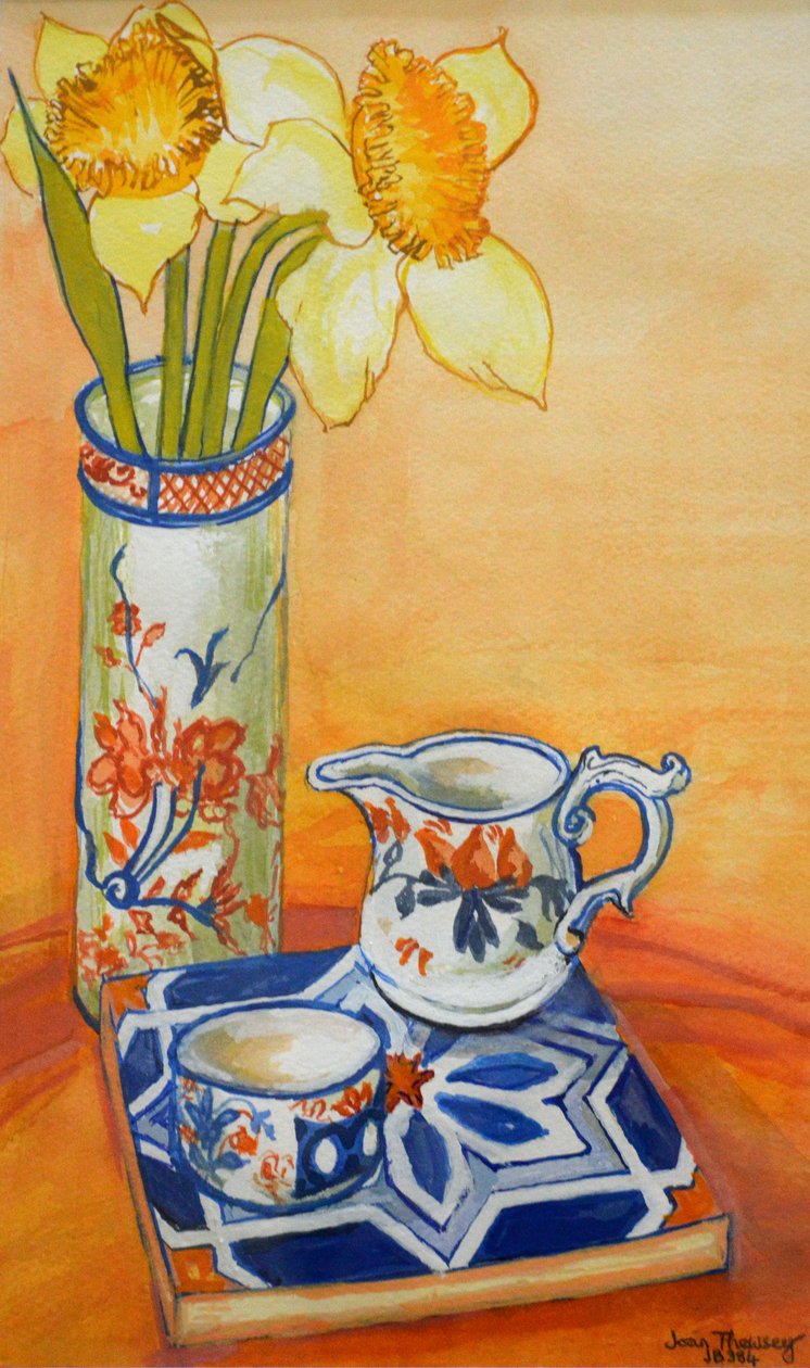 Kinesisk vase med påskeliljer, krukke og kanne, 2014 av Unbekannt Unbekannt