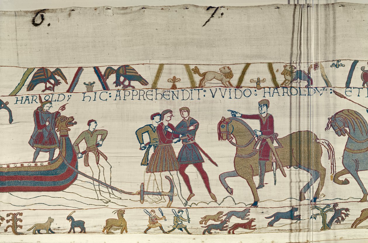 Grev Guy av Ponthieu griper Harold når han lander i Normandie, Bayeux-teppet av Unbekannt Unbekannt