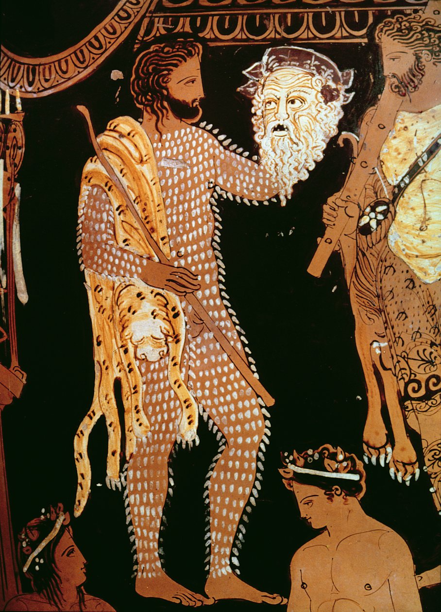 Detalj fra en vase med rød figur som viser en skuespiller som holder masken sin, funnet i Ruvo, ca. 410 f.Kr. av Unbekannt Unbekannt