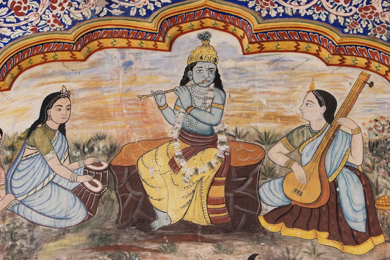 Detalj av malerier langs gårdsplassen til Nawalgarh Podar Haveli-museet, Nawalgarh, Rajasthan, India av Unbekannt Unbekannt