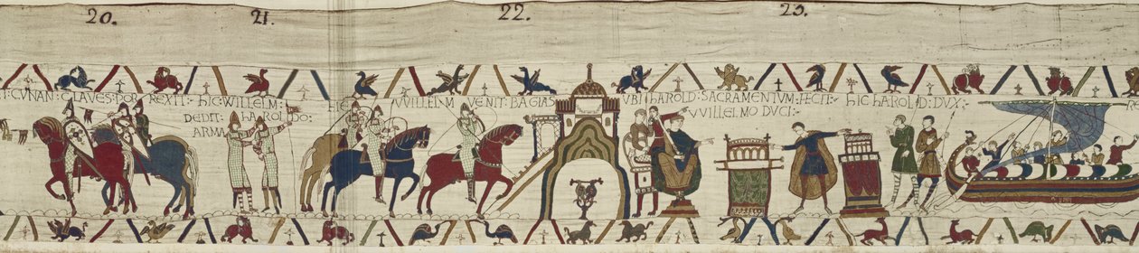 Hertug William tar imot nøklene til Dinan og gir våpen til Harold som sverger troskap til William i Bayeux, Bayeux Tapestry av Unbekannt Unbekannt