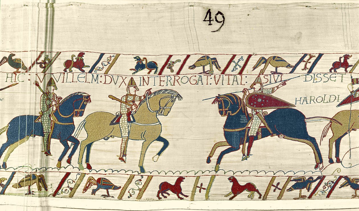 Hertug William spør Vital om han har sett Harolds hær, Bayeux Tapestry av Unbekannt Unbekannt