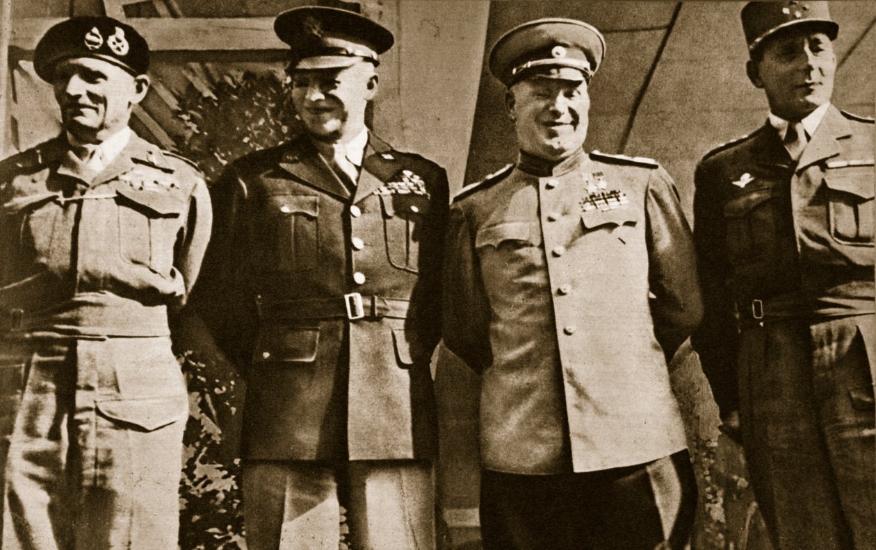 Feltmarskalk Montgomery, general Eisenhower, marskalk Zhukov og general de Lattre de Tassigny, Berlin, 5. juni 1945 av Unbekannt Unbekannt