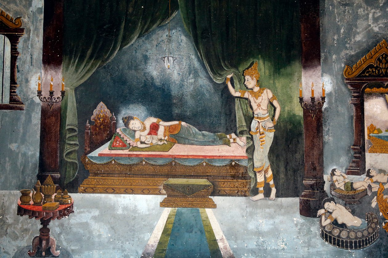 Freskomaleri som viser en scene av Buddhas liv i Wat Phra Doi Suthep, Chiang Mai. Buddha som prins Siddharta forlater sin kone og barn. Thailand av Unbekannt Unbekannt