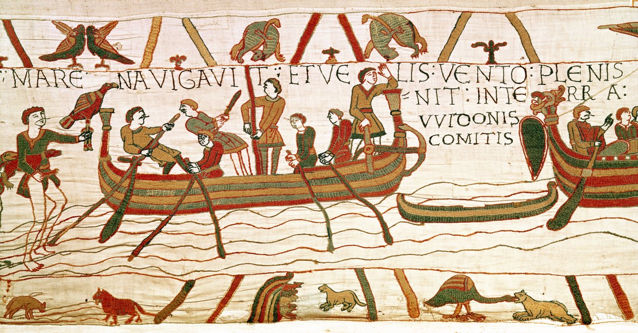 Harold krysser kanalen til territoriet til grev Guy av Ponthieu, Bayeux-teppet av Unbekannt Unbekannt
