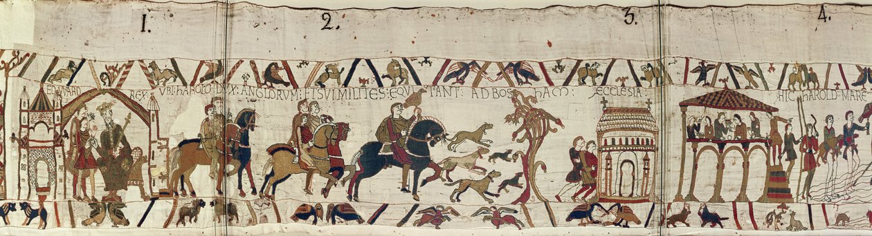 Kong Edward Bekjenneren sender Harold med sine menn til Normandie, Bayeux-teppet av Unbekannt Unbekannt