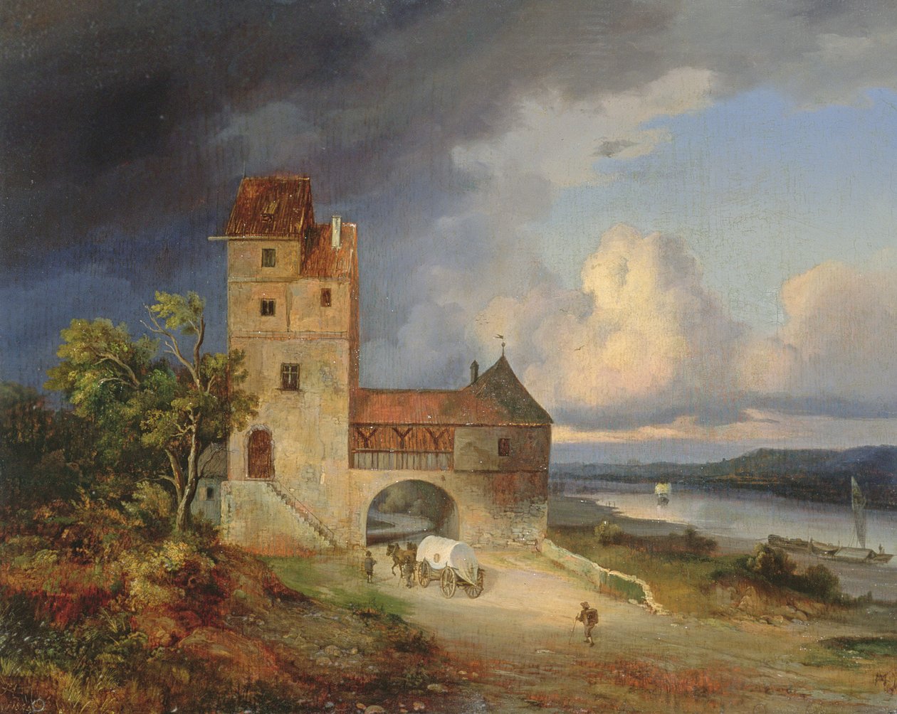 Landskap ved elven med tårnet og porten, 1844 av Unbekannt Unbekannt