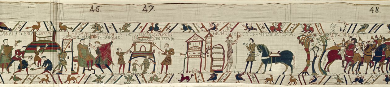 Normannere bygger festningsverk ved Hastings og, etter å ha hørt nyheter om Harold, dro de i kamp, Bayeux-teppet av Unbekannt Unbekannt