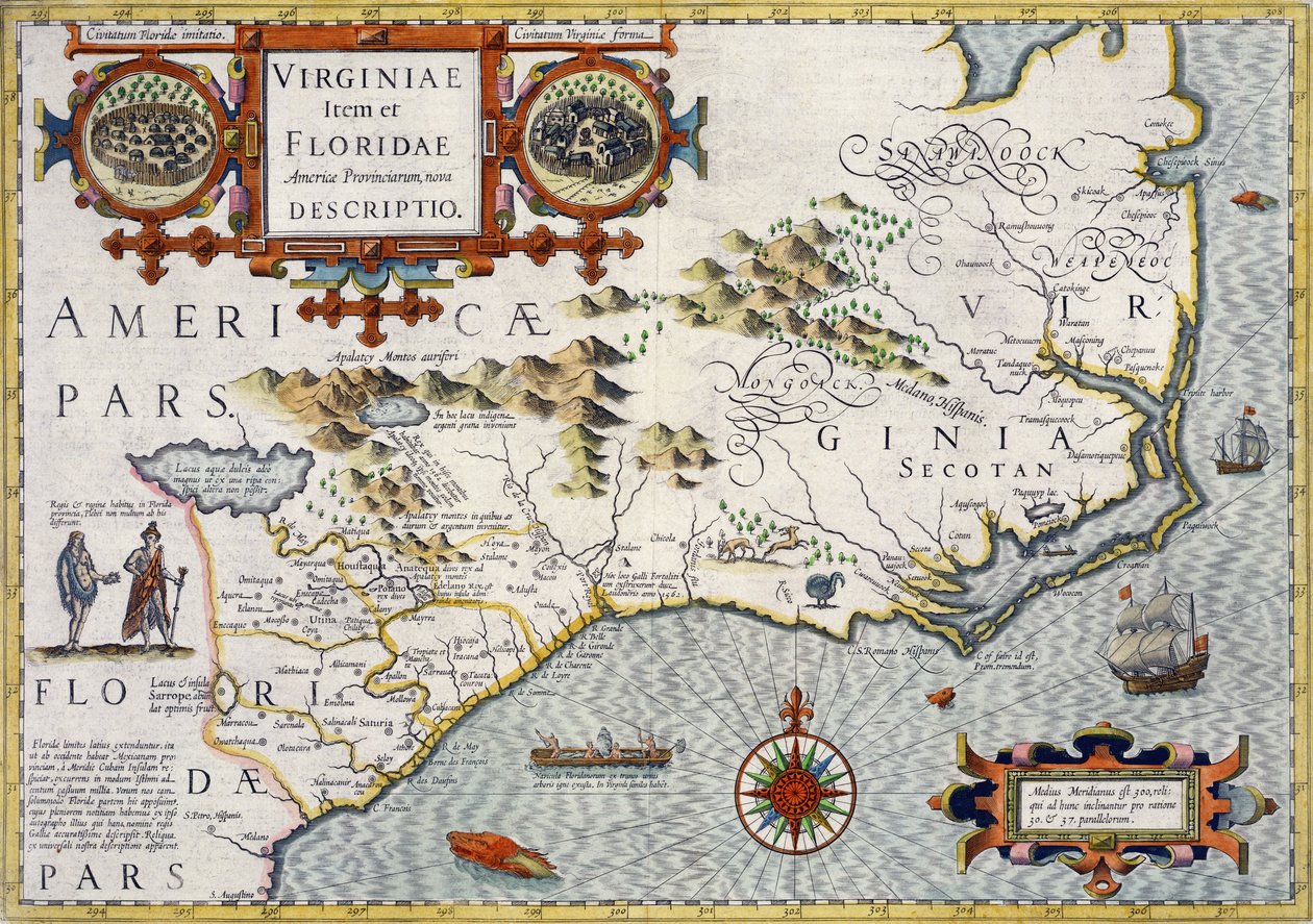 North Carolina, med tittelen "Virginiae item et Floridae" fra Mercator "Atlas..." fra 1606, pub. av Jodocus Hondius, 1619 av Unbekannt Unbekannt