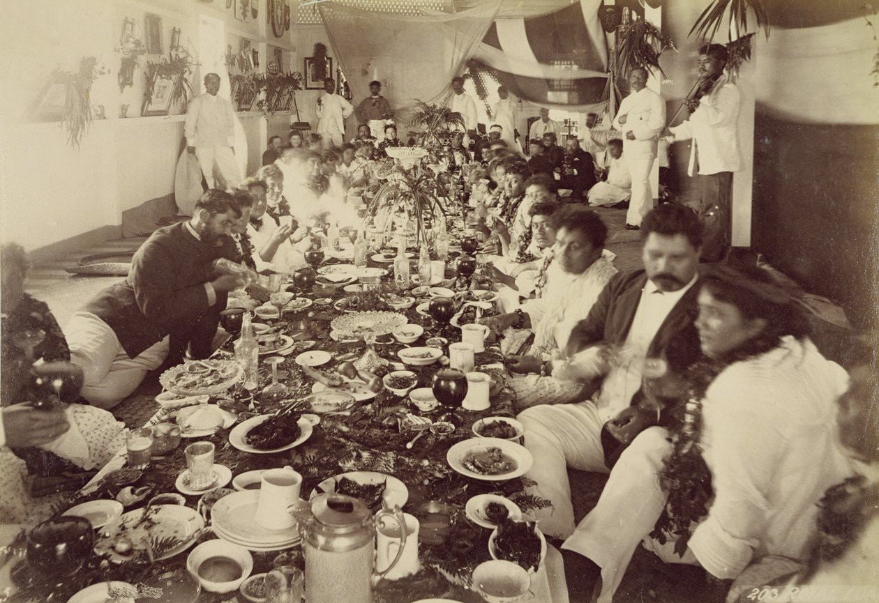 Kongelig bankett ved King Kalakanas båthus, ca. 1875 av Unbekannt Unbekannt