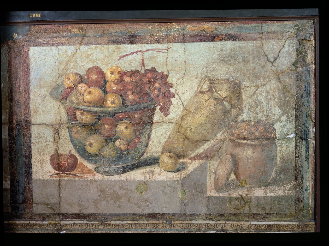 Stilleben med skåler med frukt og vinkrukke, fra "Casa di Giulia Felice" av Unbekannt Unbekannt