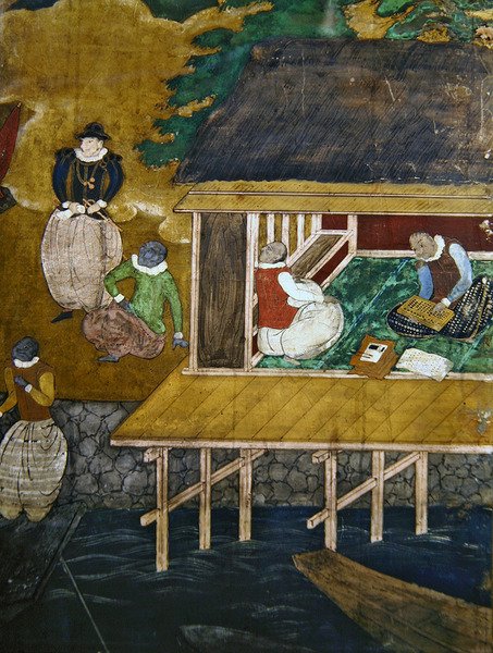 Portugisernes ankomst til Japan, detalj av et hus på stylter, fra en Namban Byobu-skjerm, 1594-1618 av Unbekannt Unbekannt